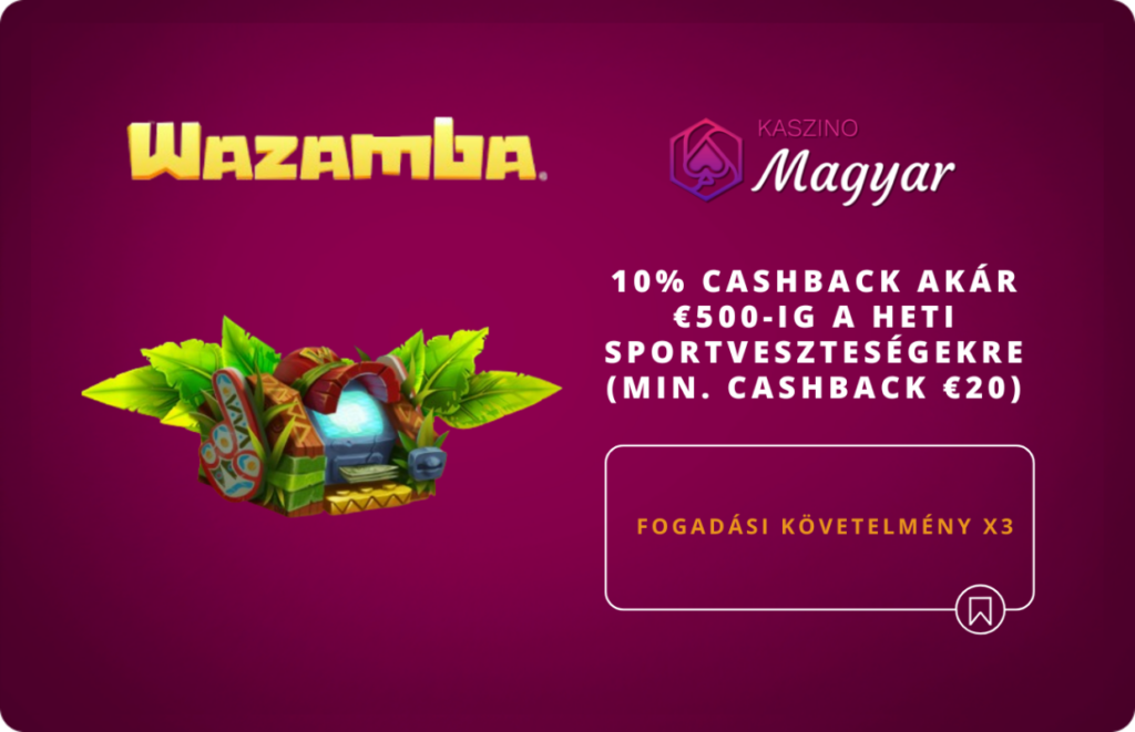 Cashback Bónusz: 10% cashback akár €500-ig a heti sportveszteségekre (min. cashback €20, wager 3x).